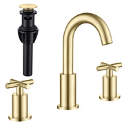 Brushed Gold 8 Inches 2 Handles Widespread Bathroom Faucet, Gold 3 Hole Faucet for Bathroom Sink with Drain and Hose