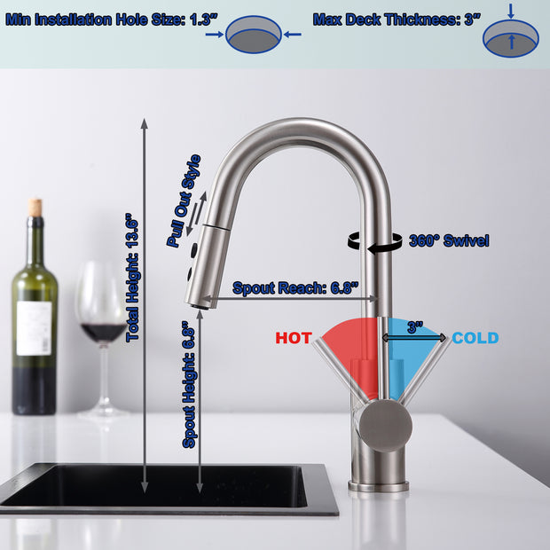 Bar Faucet with Pull Out Sprayer Single Hole, Single Handle Stainless Steel Brushed Nickel Bar Sink Faucets with Sprayer, Modern Small Kitchen Sink Faucet with cUPC Supply Hose