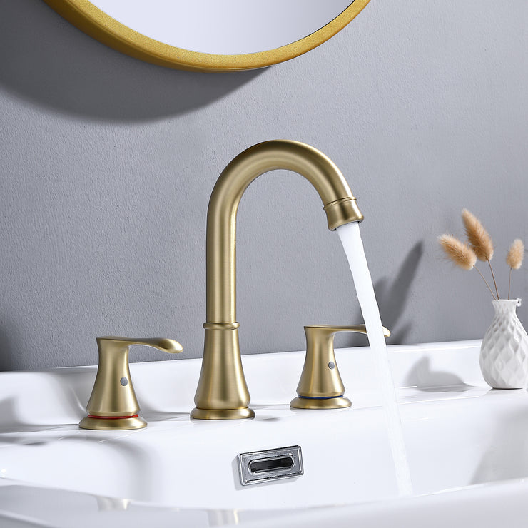 Widespread 2 handles 3 Hole Brushed Gold Bathroom Faucet for Sink with Pop Up Drain (With Over Flow) and Supply Hose