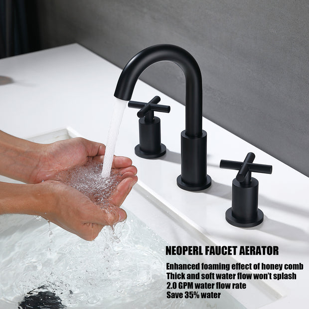 Matte Black 3 Hole Bathroom Sink Faucet 2 Handle, X Design Double Handles Widespread Bathroom Faucet with Pop Up Drain and Supply Hose