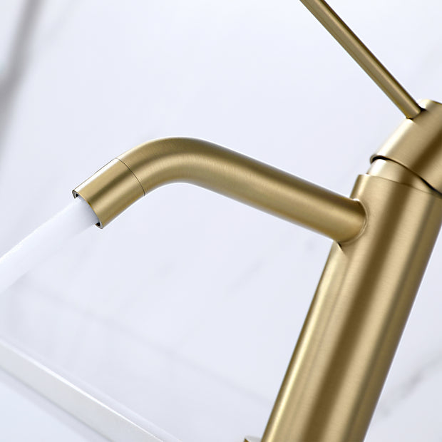 Brushed Gold Bathroom Faucet Single Hole, Brass Single Handle Bathroom Sink Faucet with Pop Up Drain Assembly and 6 inch Deck Plate