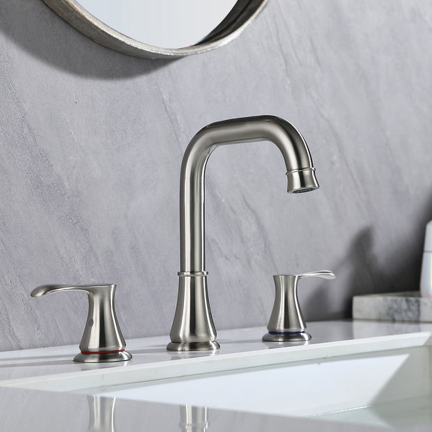 Brushed Nickel 3 Hole Widespread Bathroom Faucet with Pop Up Drain Assembly and cUPC Supply Hose, Satin Nickel Bathroom Faucet for Sink 3 Hole