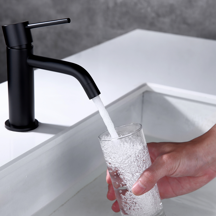 Single Hole Brass Matte Black Bathroom Faucet with Pop Up Drain Assembly and Faucet Supply Hose, Brass Single Handle Lavatory Sink Basin Faucets Mixer Taps