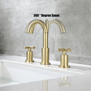 Brushed Gold 8 Inches 2 Handles Widespread Bathroom Faucet, Gold 3 Hole Faucet for Bathroom Sink with Drain and Hose