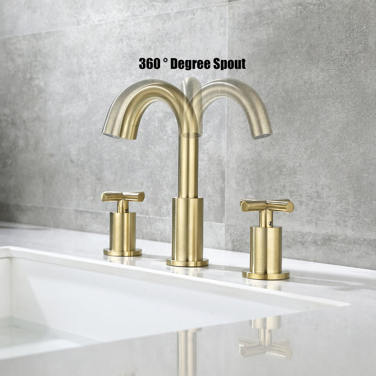 Brushed Gold 8 Inches 2 Handles Widespread Bathroom Faucet, Gold 3 Hole Faucet for Bathroom Sink with Drain and Hose